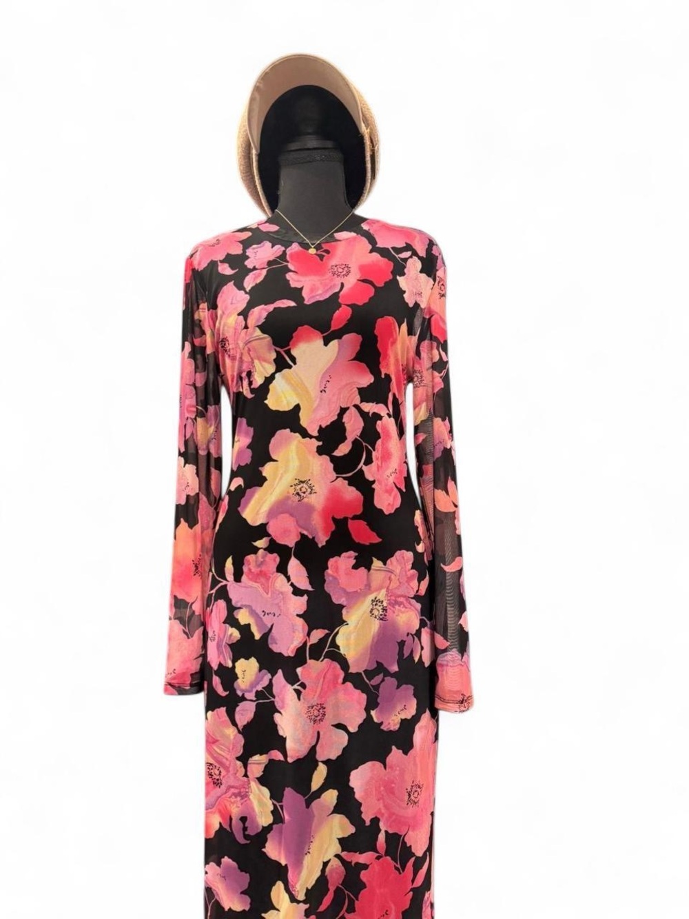 AFRM Black Maxi Dress with Pink, Coral & Yellow Floral Print
